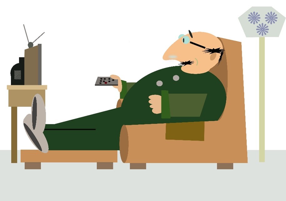 Cartoon image of man watching TV very close.