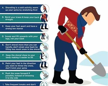 man bent over shoveling snow with discriptions